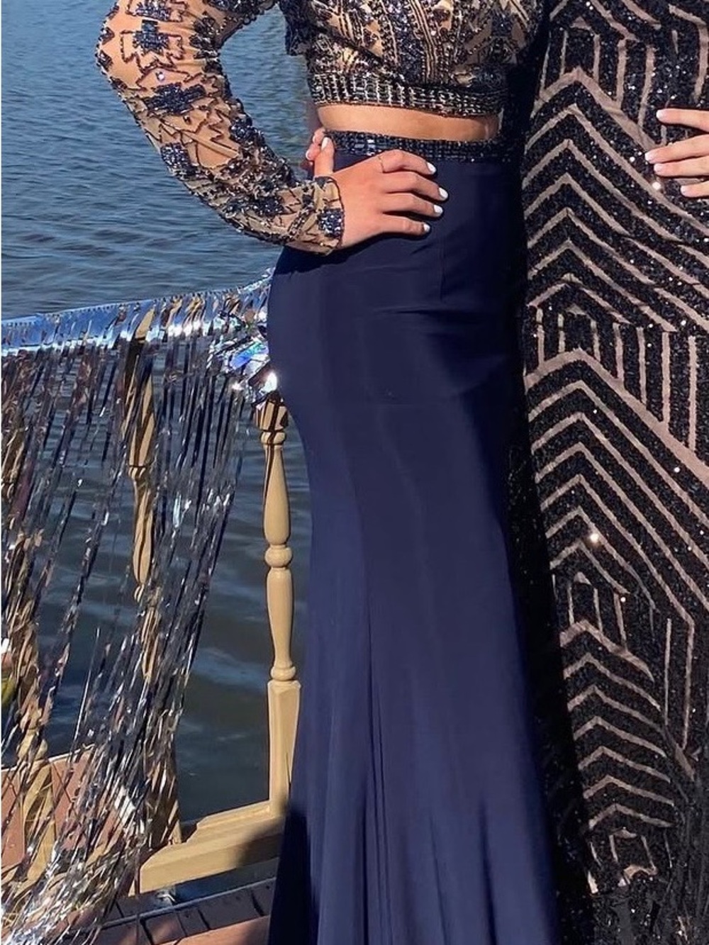 Sherri Hill Navy Two-Piece Beaded Prom Gown